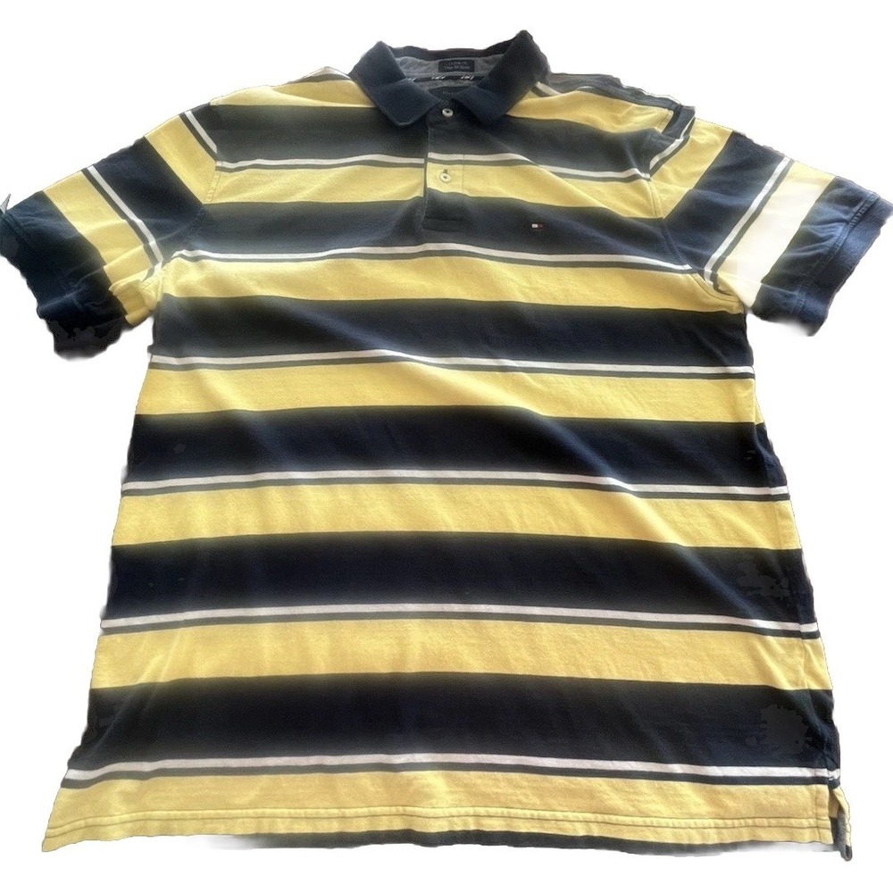 Tommy Hilfiger Polo Mens XXL Blue Yellow Striped Short Sleeve Classic Fit Shirt